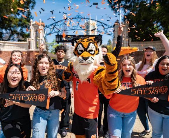 Powercat and students celebrate at University of the Pacific's 'Admitted Student Day' on campus in Stockton, CA
